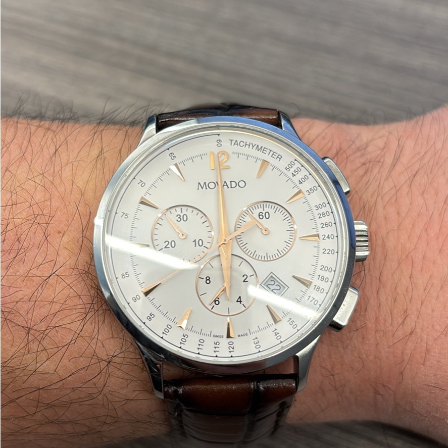 Movado Silver Dial Watch With Brown Leather Strap